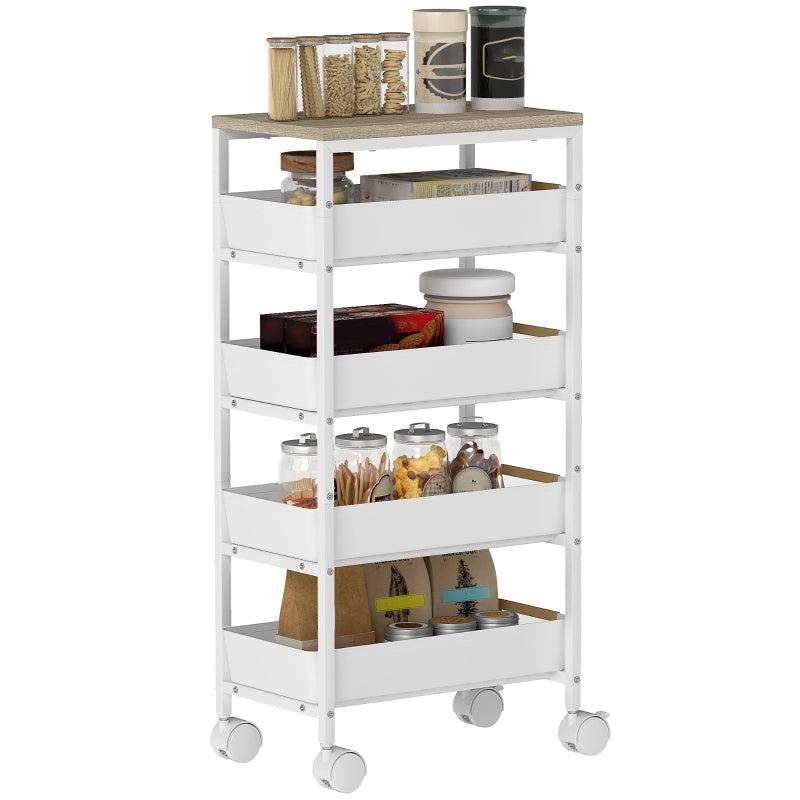 Kitchen Cart 5-Tier Rolling, 4 Drawers, White Wood Effect