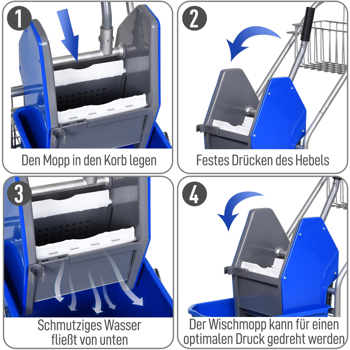 Cleaning Cart, 26L Jaw Press Bucket, Blue