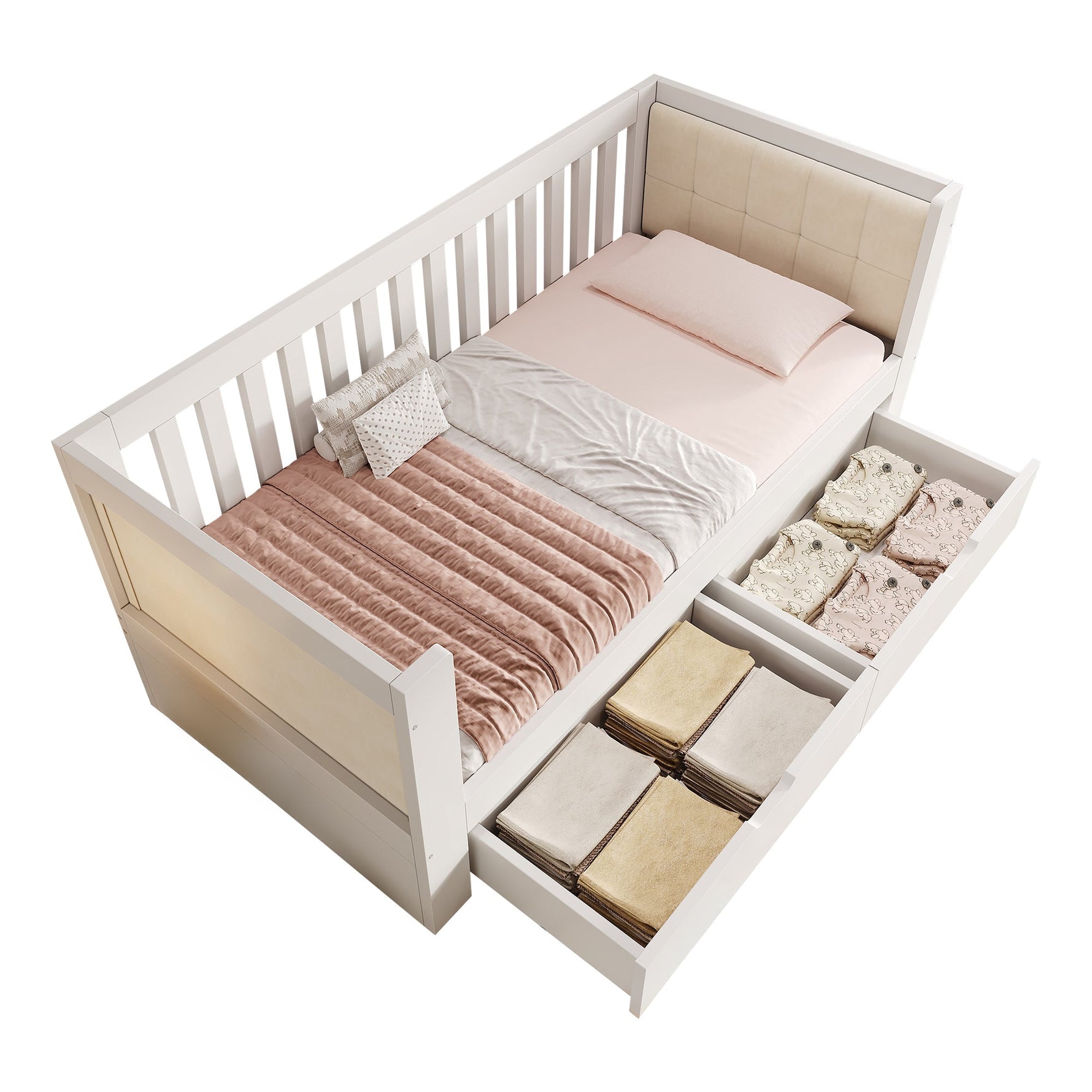 Sofa Bed with 2 Drawers and Rounded Armrests, 90x190cm, White Wood