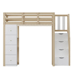 High Loft Bed with 4 Drawers and Storage Shelves, White and Natural Wood Color
