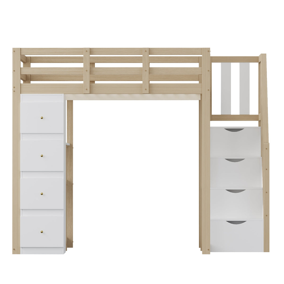 High Loft Bed with 4 Drawers and Storage Shelves, White and Natural Wood Color