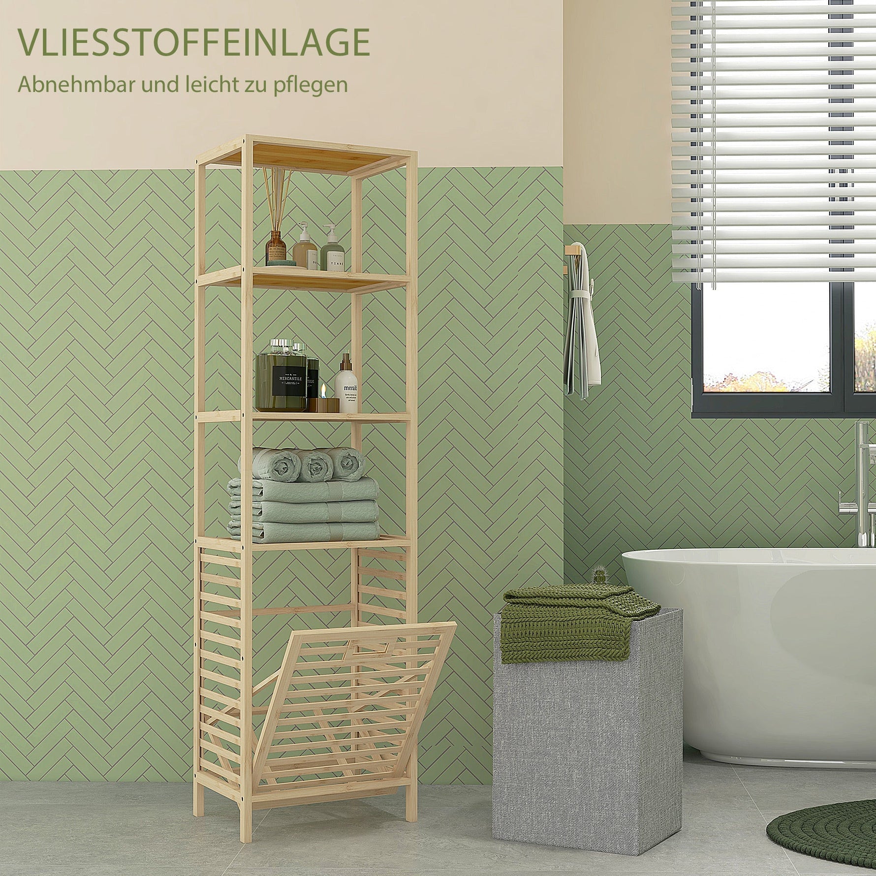 Bamboo Bathroom Shelf, 3 Open Shelves, Extendable Basket, Natural