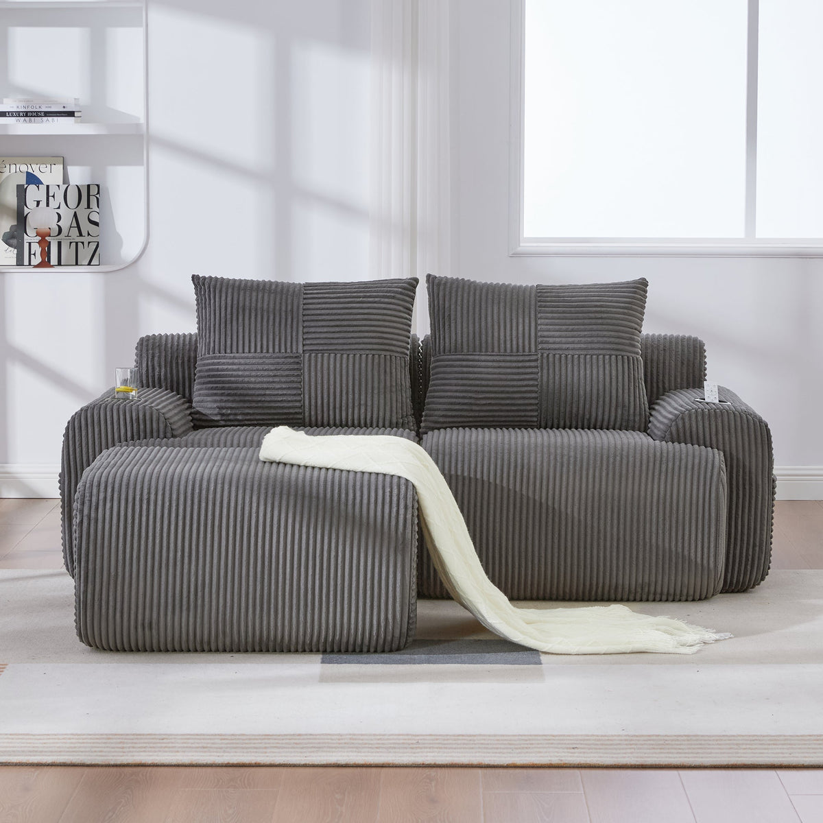Modular 2-Seater Sofa with Ottomans, Cup Holder and Side Pocket, Dark Grey Corduroy
