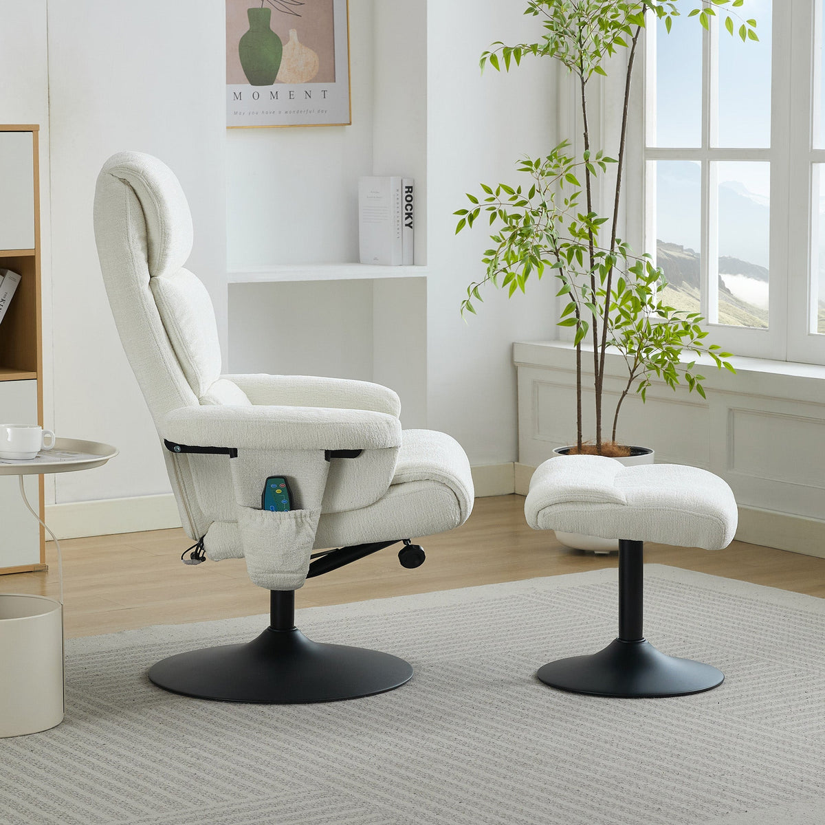 023 Recliner Chair, 5-Point Massage, Electric Heat, Footstool, 360° Swivel, Chenille Fabric White