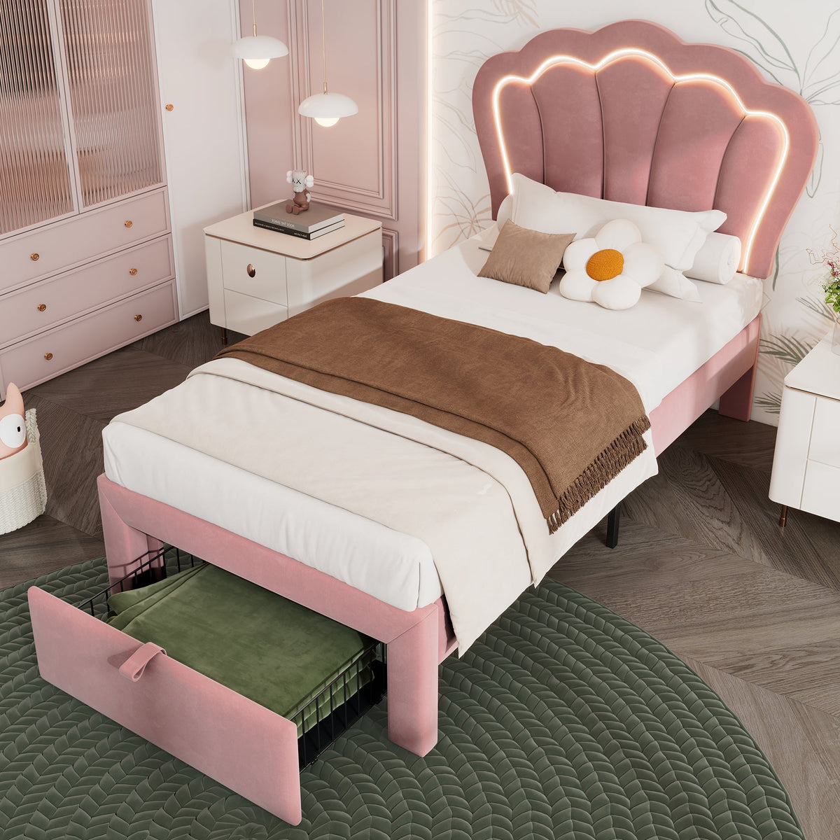 Children's Bed, LED Single with Drawers, APP-Control, Adjustable Headboard, Velvet Pink
