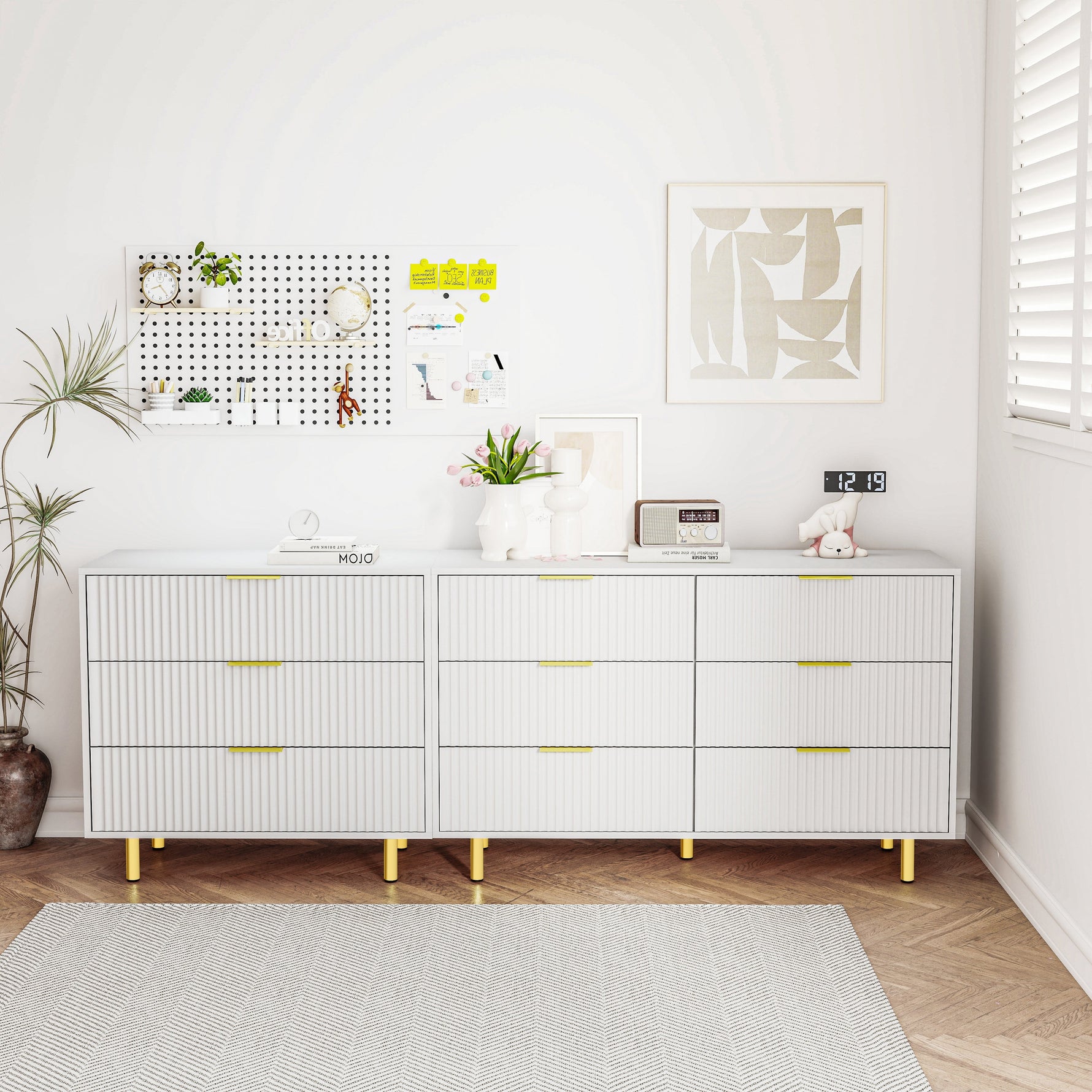 Modular Drawer Unit with 9 Drawers and Modern Sideboard Set, White and Gold