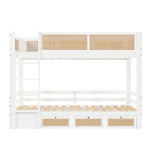Children's Bunk Bed with 3 Drawers & Rattan Railing, White Pine Wood