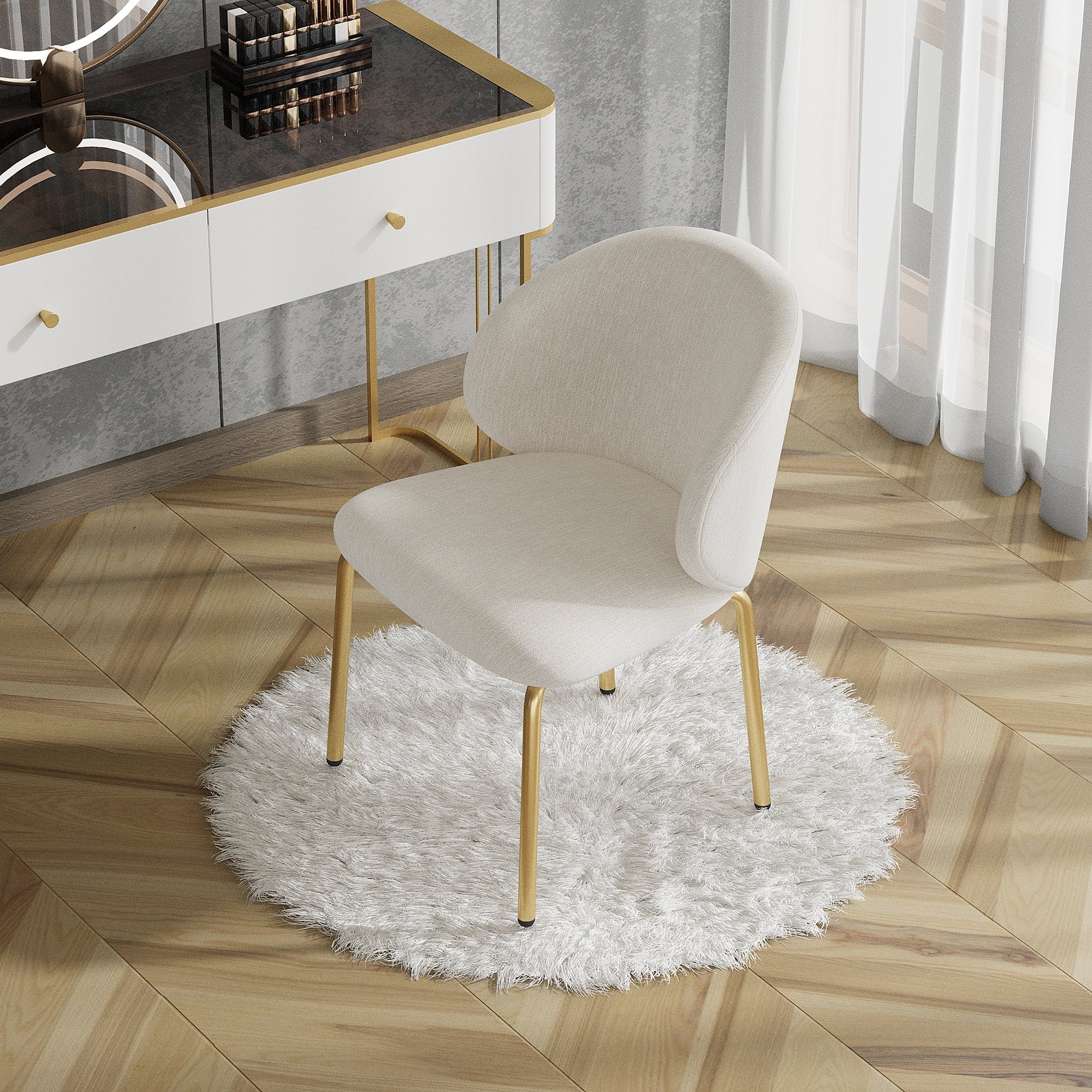 Dining Chair with Gold-Colored Legs, Beige Chenille