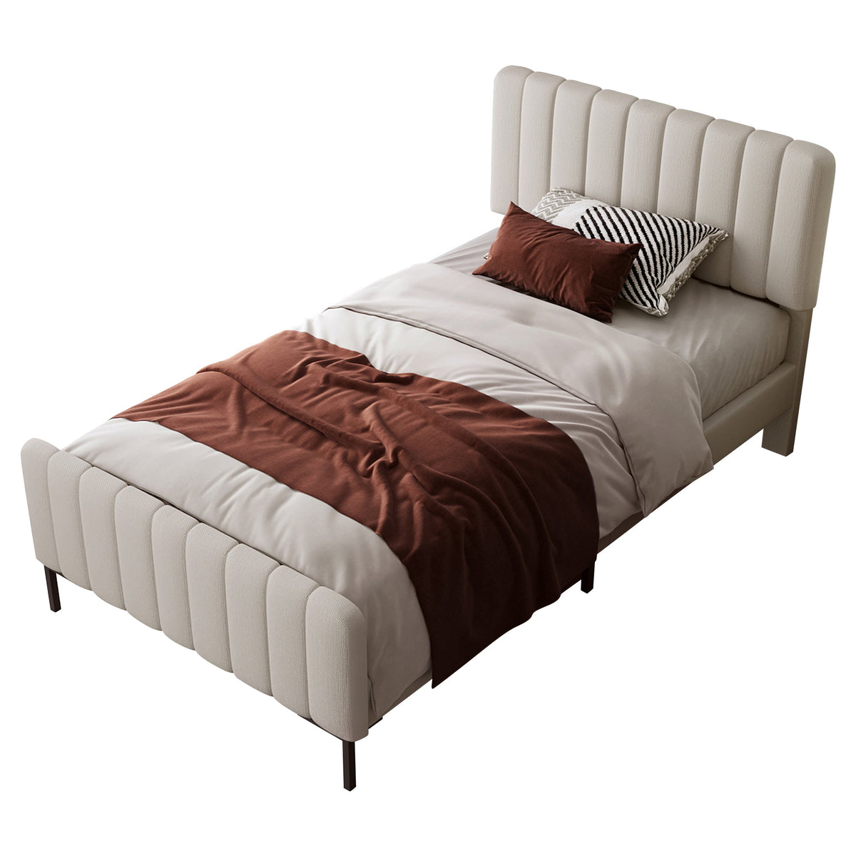 Upholstered single bed, 90 x 200 cm, adjustable headboard, grey-beige linen