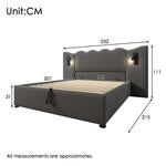 Upholstered Double Bed 160x200, Reading Lamp & USB-C, Storage, Solid Wood & Metal, Grey Linen