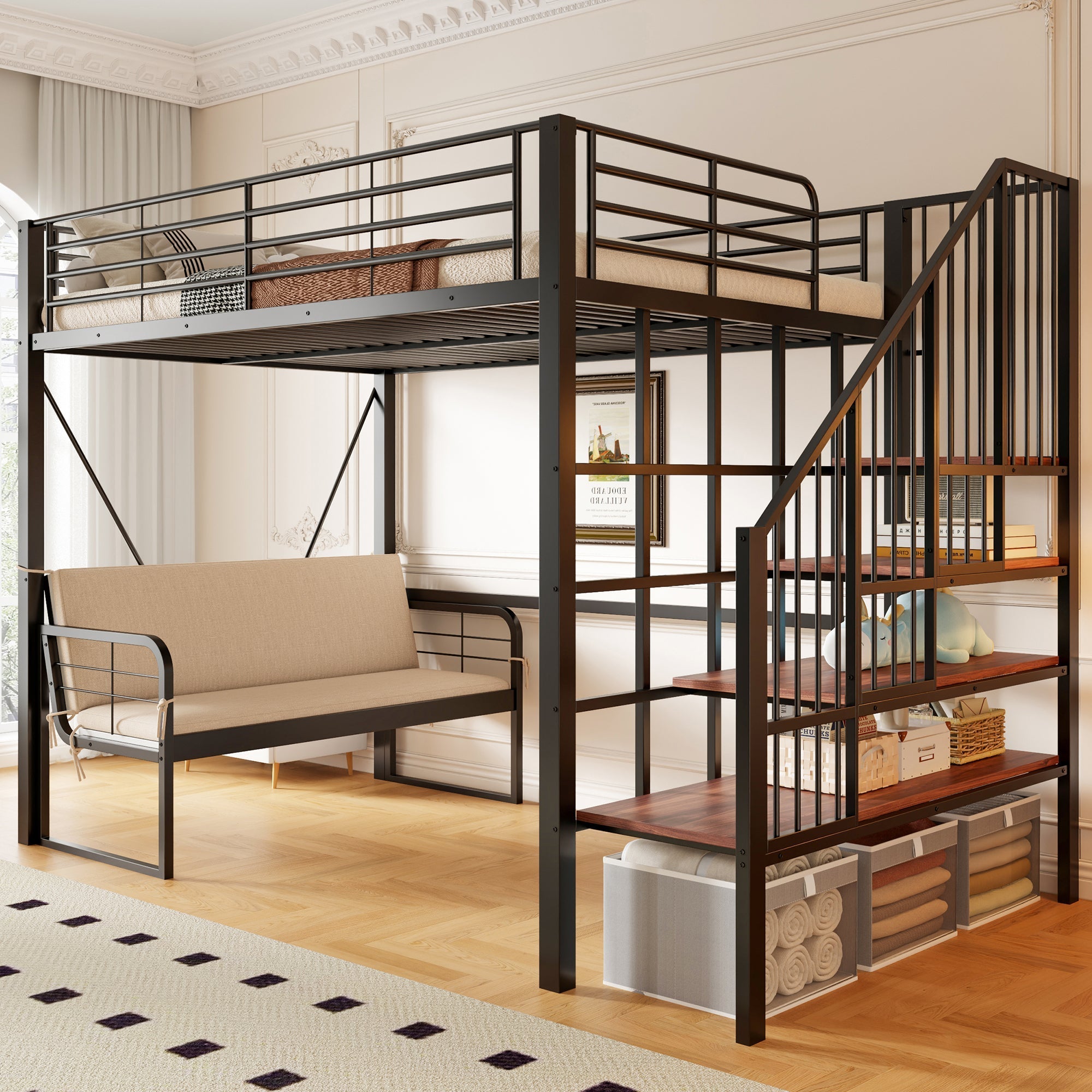 Bunk Bed with Removable Sofa and Storage Stairs, 140x200cm, Black Metal