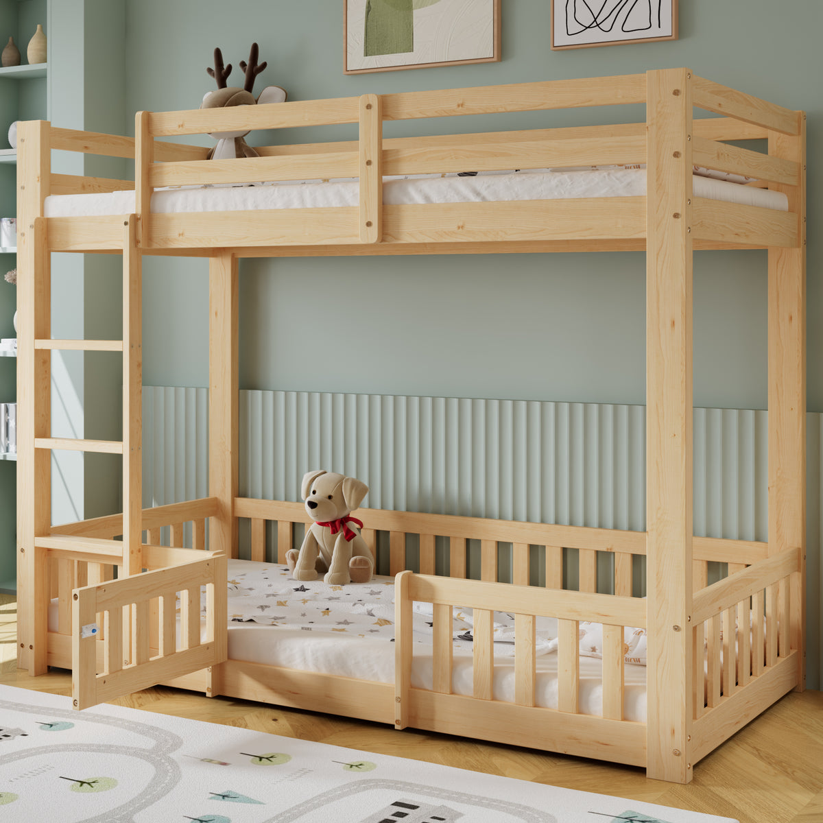 Wooden Bunk Bed 90x200cm with Stairs & Railing, Natural Pine Wood
