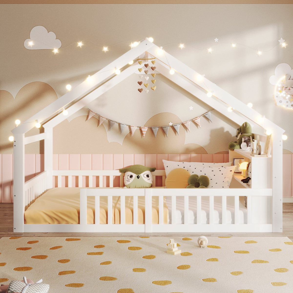 Children's Flatbed with House Rail and LED Beads, 140 x 190 cm, Pine Wood, White