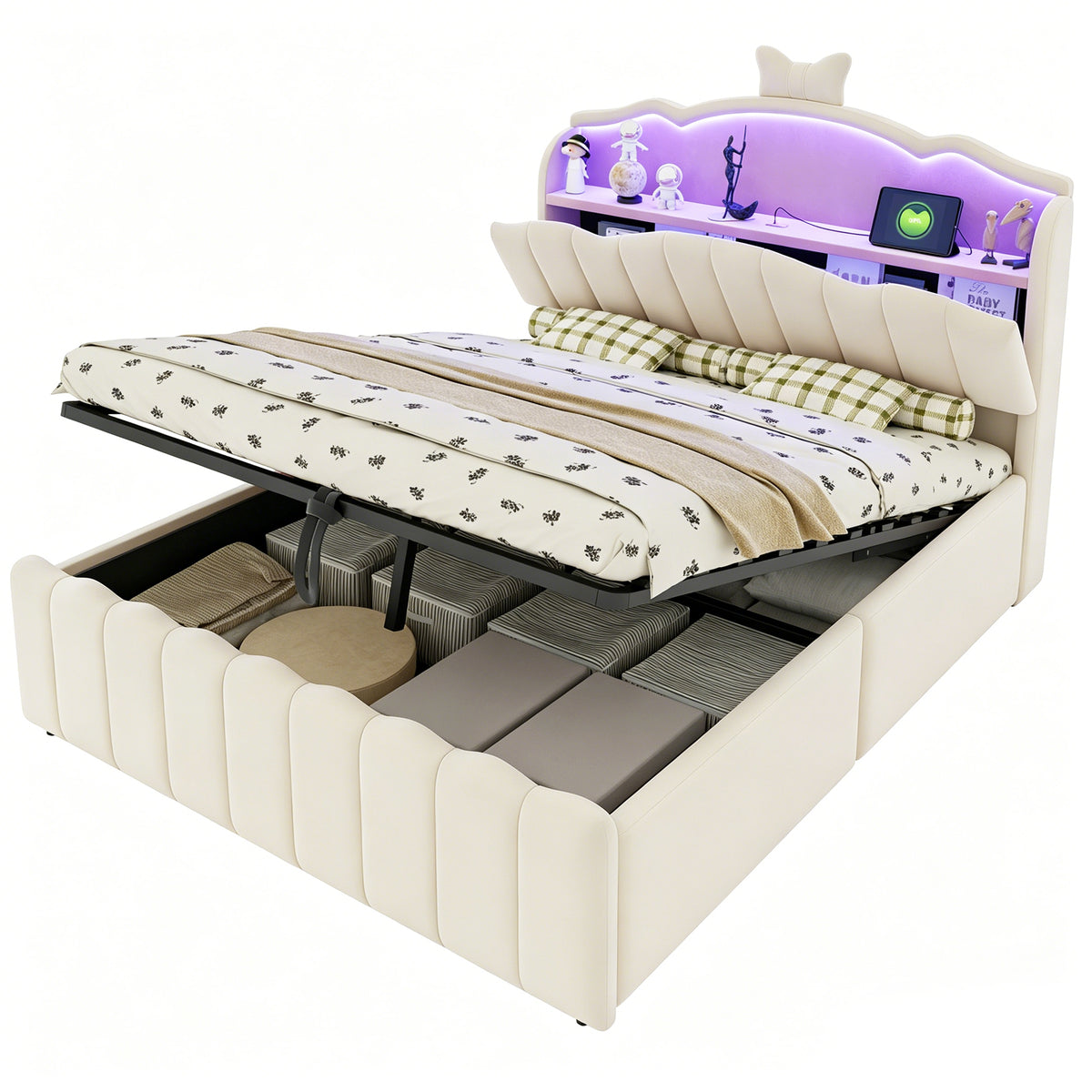 Upholstered Children Bed 140x200 Storage & LED, Beige Velvet