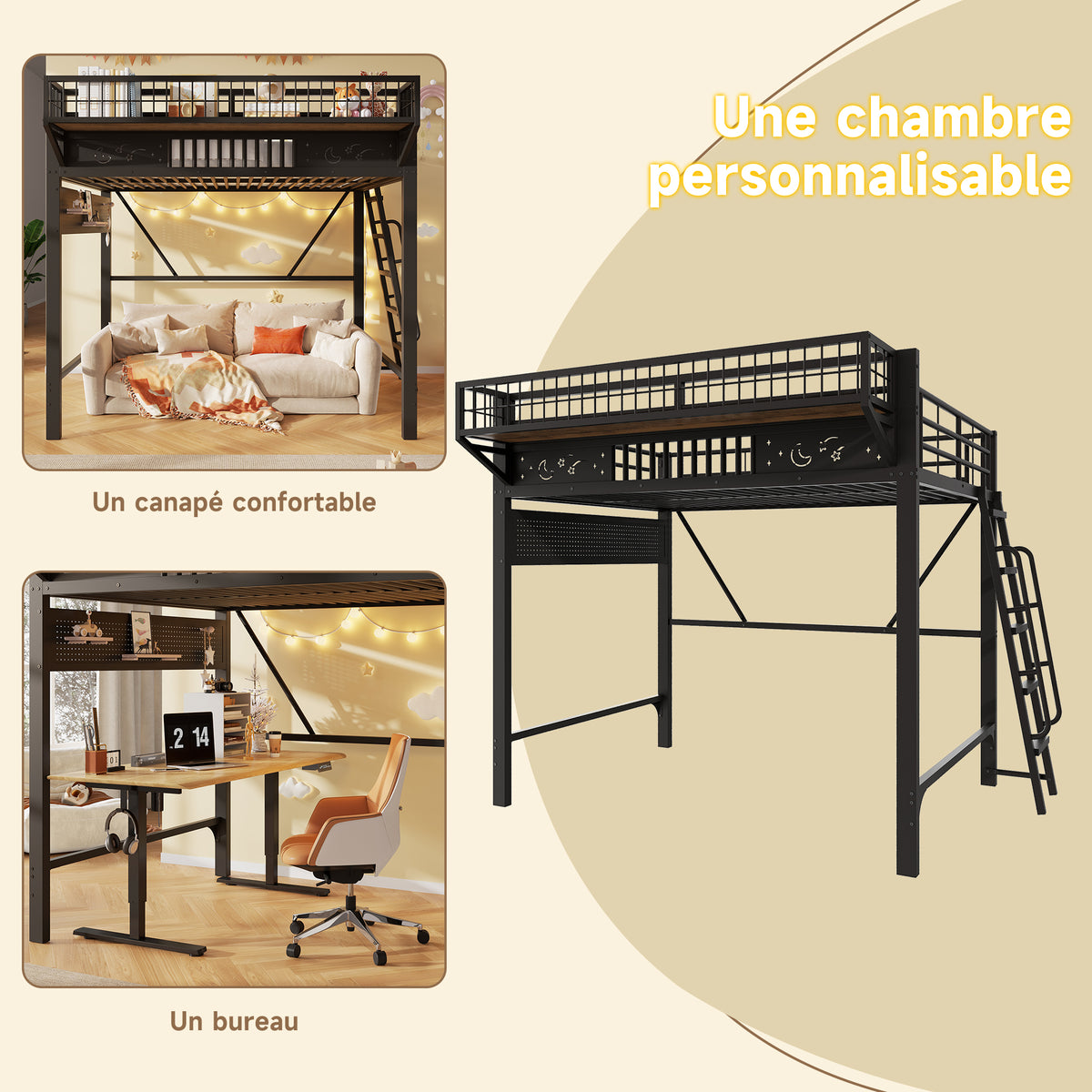 Loft Bed 140x200 cm with Storage Compartments, Black Metal