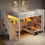 Metal Loft Bed 140x200 with Desk, Shelves & Storage - White