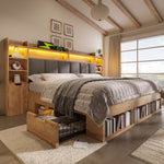 Double Bed System Bed with LED Headboard, Bedside Tables, USB Ports and Storage, 160x200cm, Oak Finish