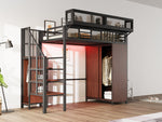 Metal Loft Bed 90 x 200 cm with Wardrobe, Safety Ladder and LED Lighting, Black