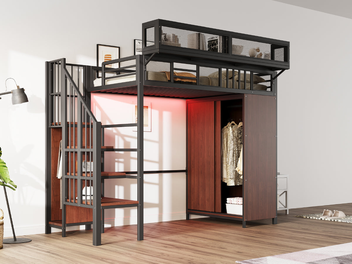 Metal Loft Bed 90 x 200 cm with Wardrobe, Safety Ladder and LED Lighting, Black