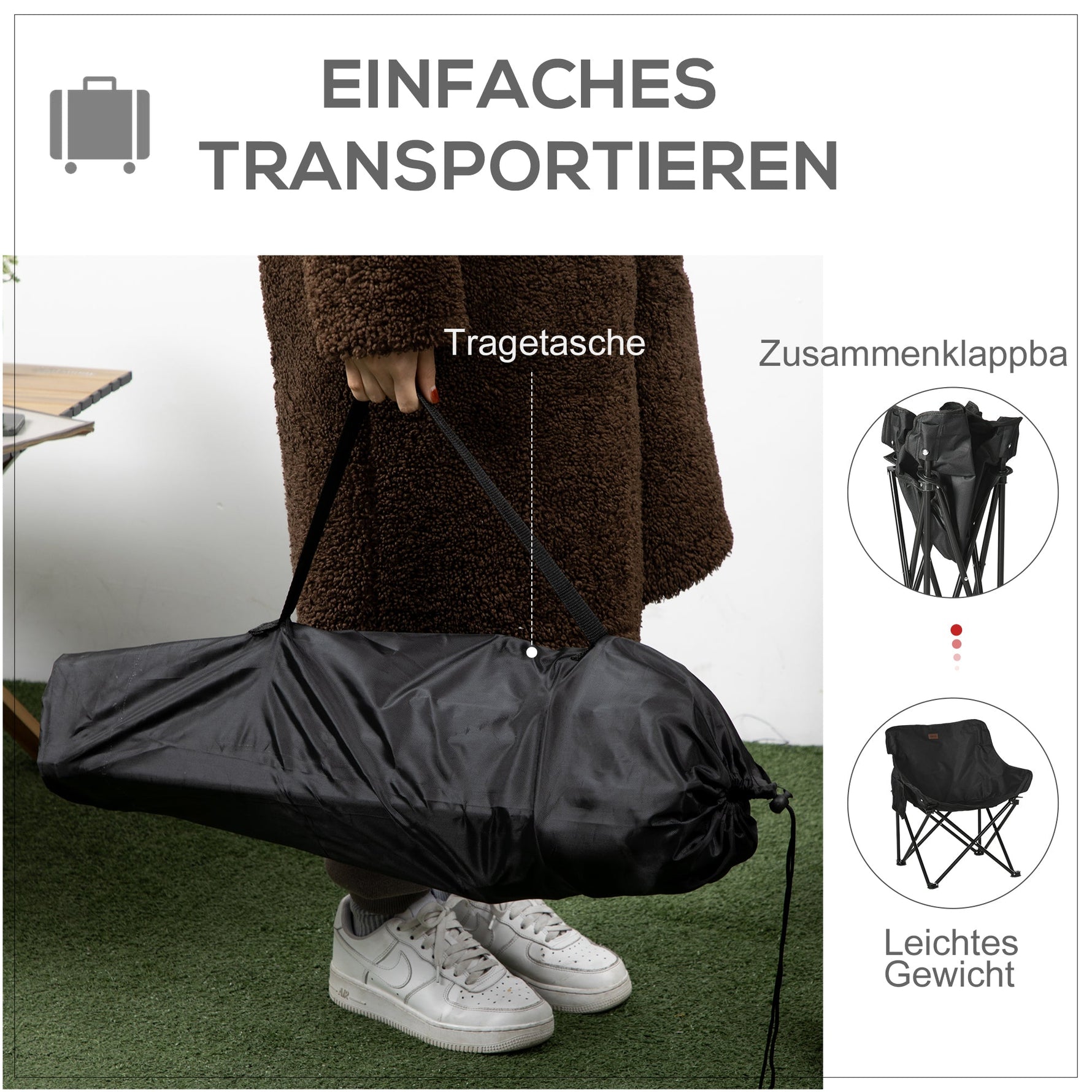 Camping Chair Foldable with Side Pocket, Steel Legs, Black Oxford