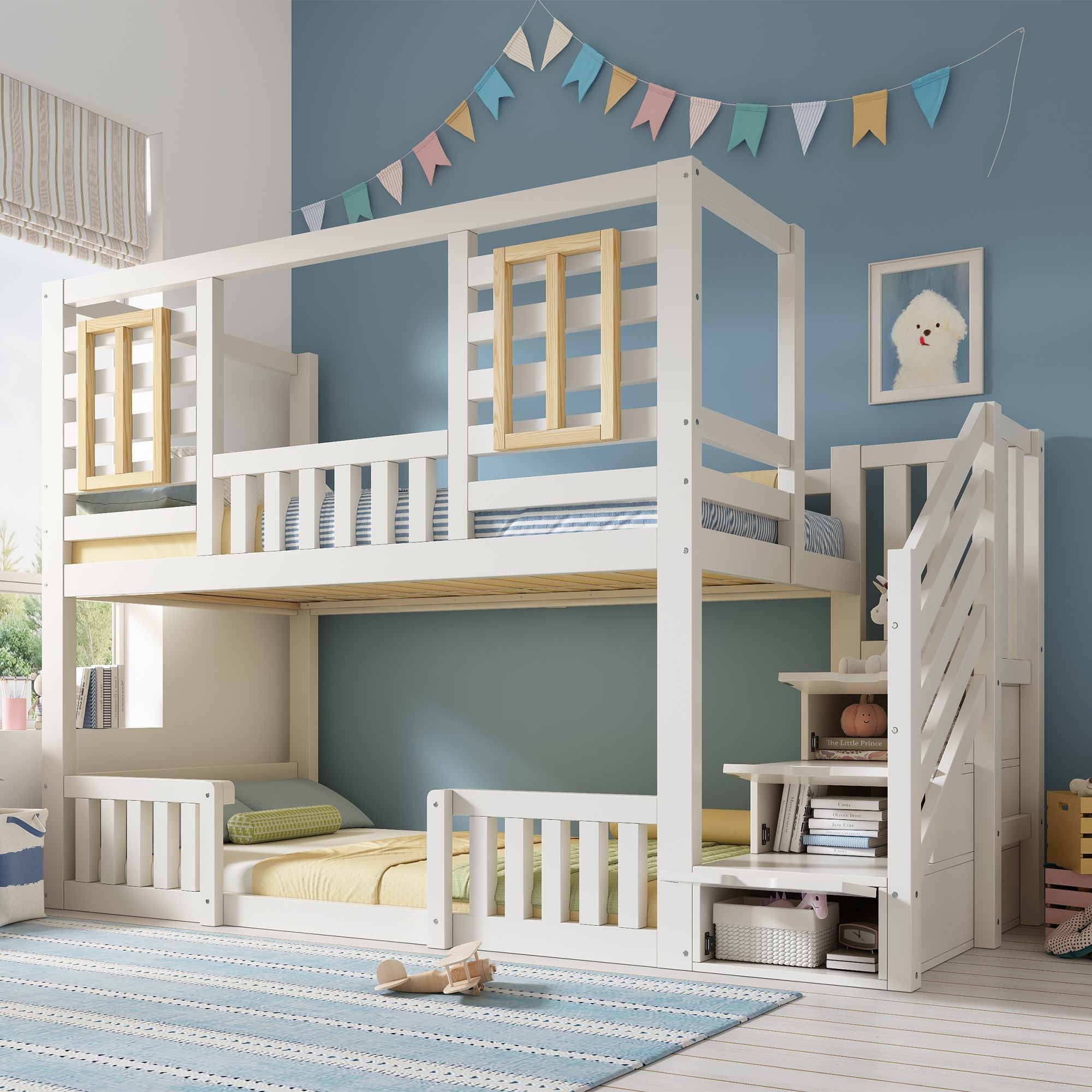 Bunk Bed with Cabin Style Windows and Staircase Cupboard, 90x200cm, White Wood