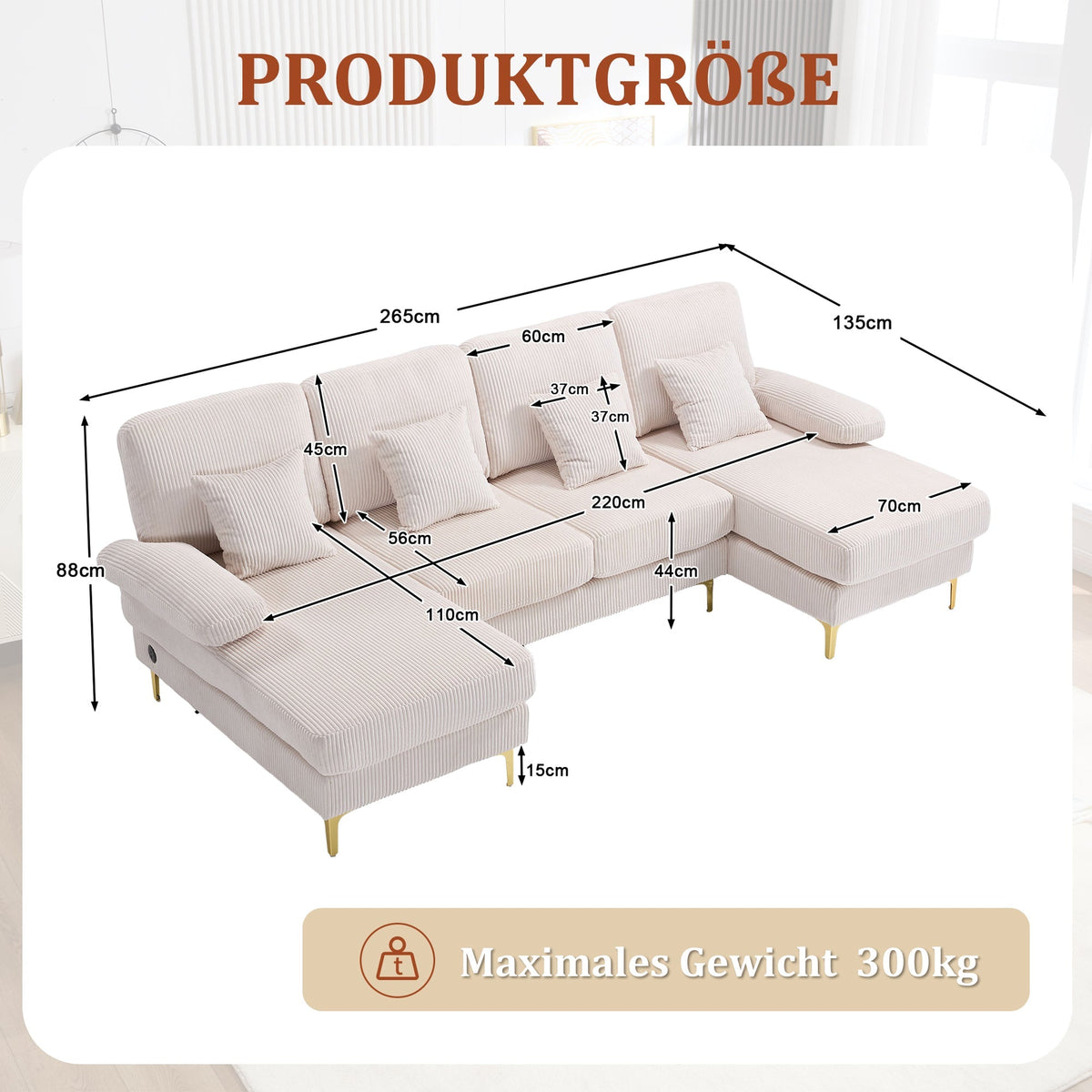 U-shaped Sofa, LED Ambient Lighting, USB-C Port, Solid Wood Frame, Beige