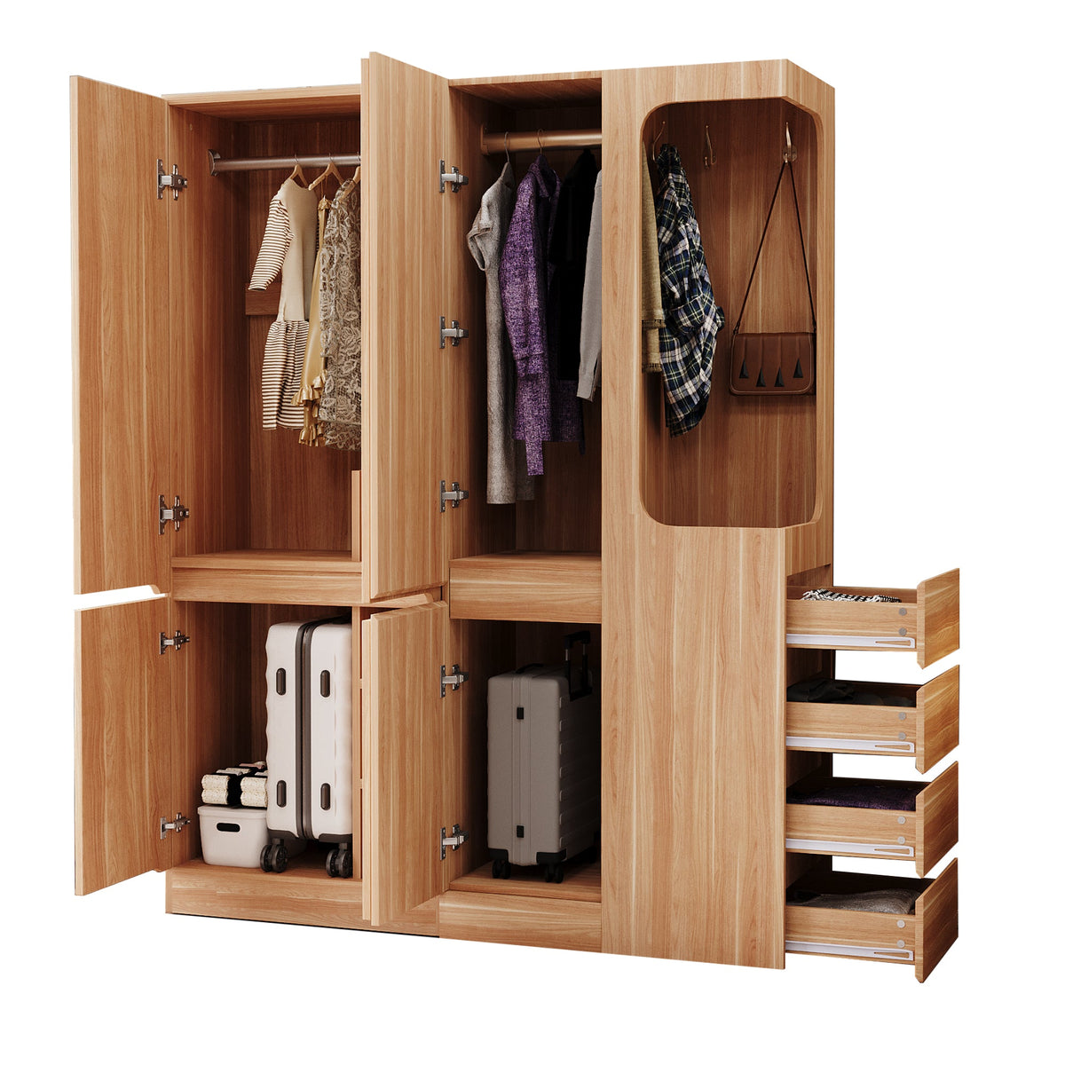 Extra-Large Wardrobe 140x40x170cm with Drawers, Storage, Open Area, Wood Color