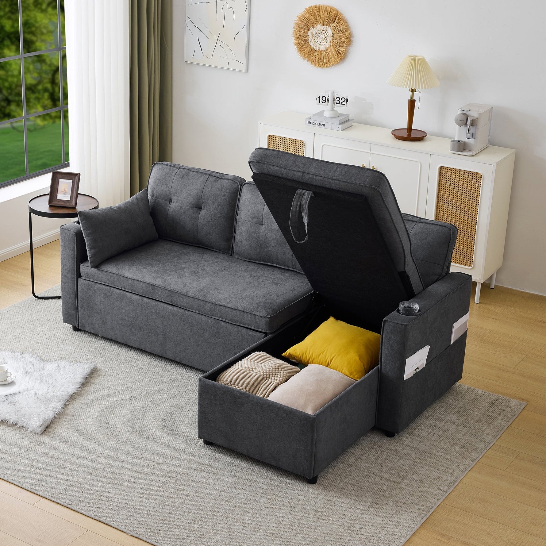 Sofa Bed L-Shaped Sleeping Function Storage Cup Holder Interchangeable Upholstered