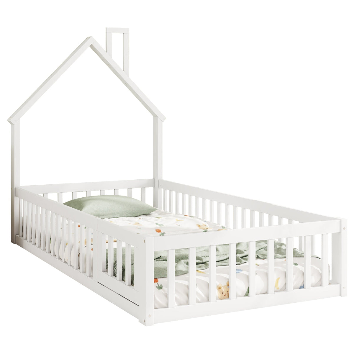 House Bed 90x200cm Chimney Slatted Base - White Pine Wood
