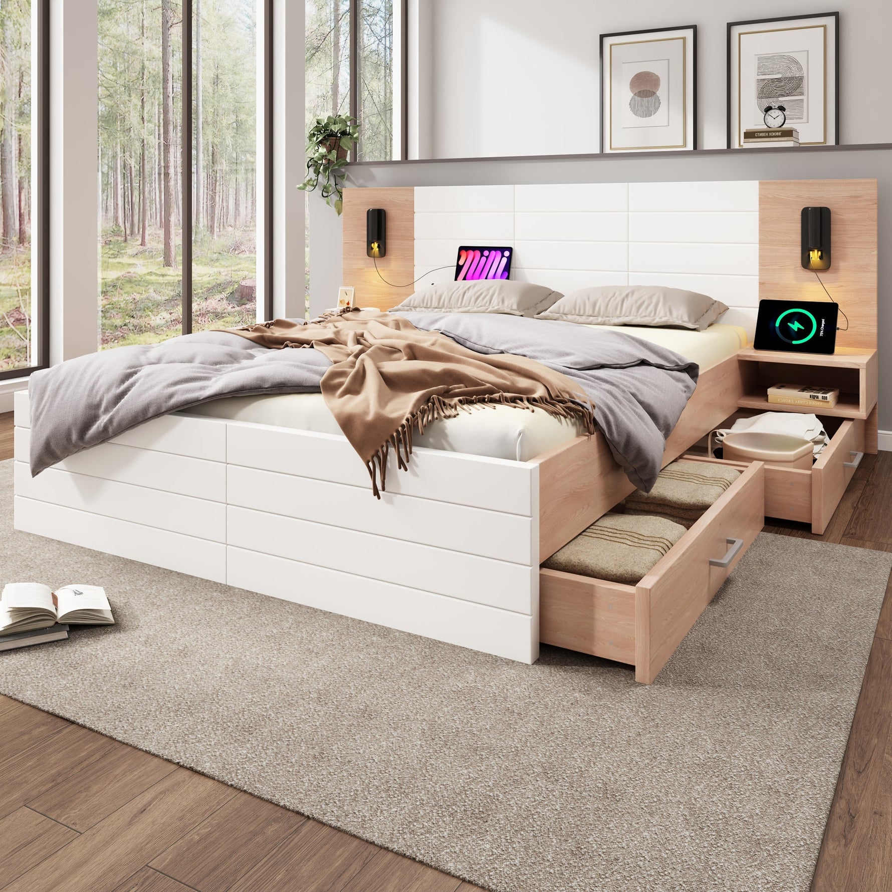 Double Wooden Bed, 160x200cm with 2 Drawers, Reading Light & USB, Oak/White