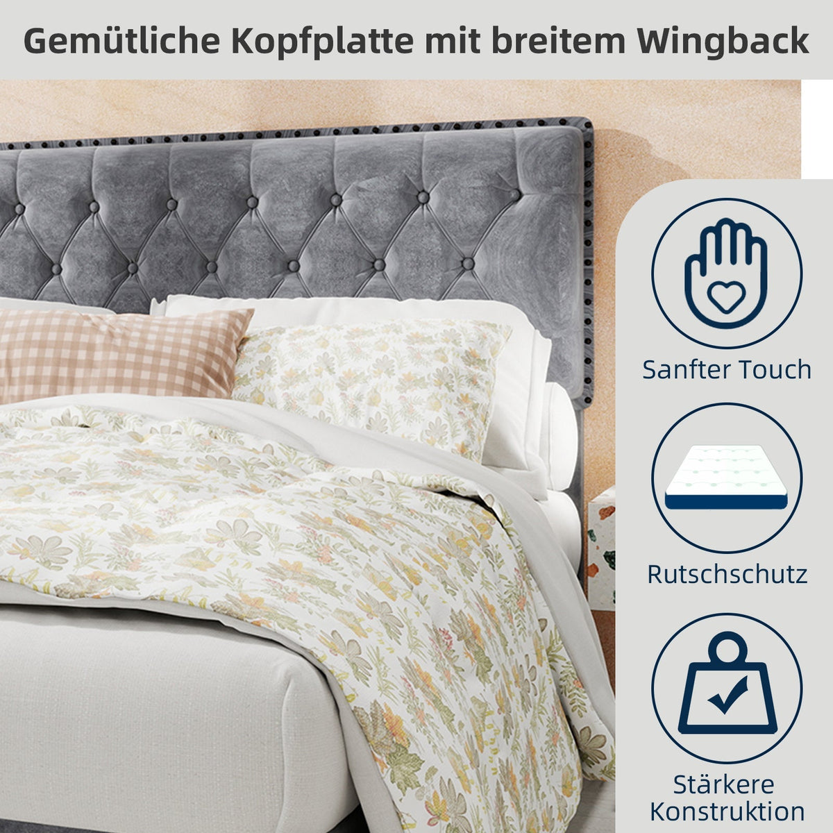 Modern Minimalist Soft Bed, 160*200CM, Hydraulic Rod, Gray