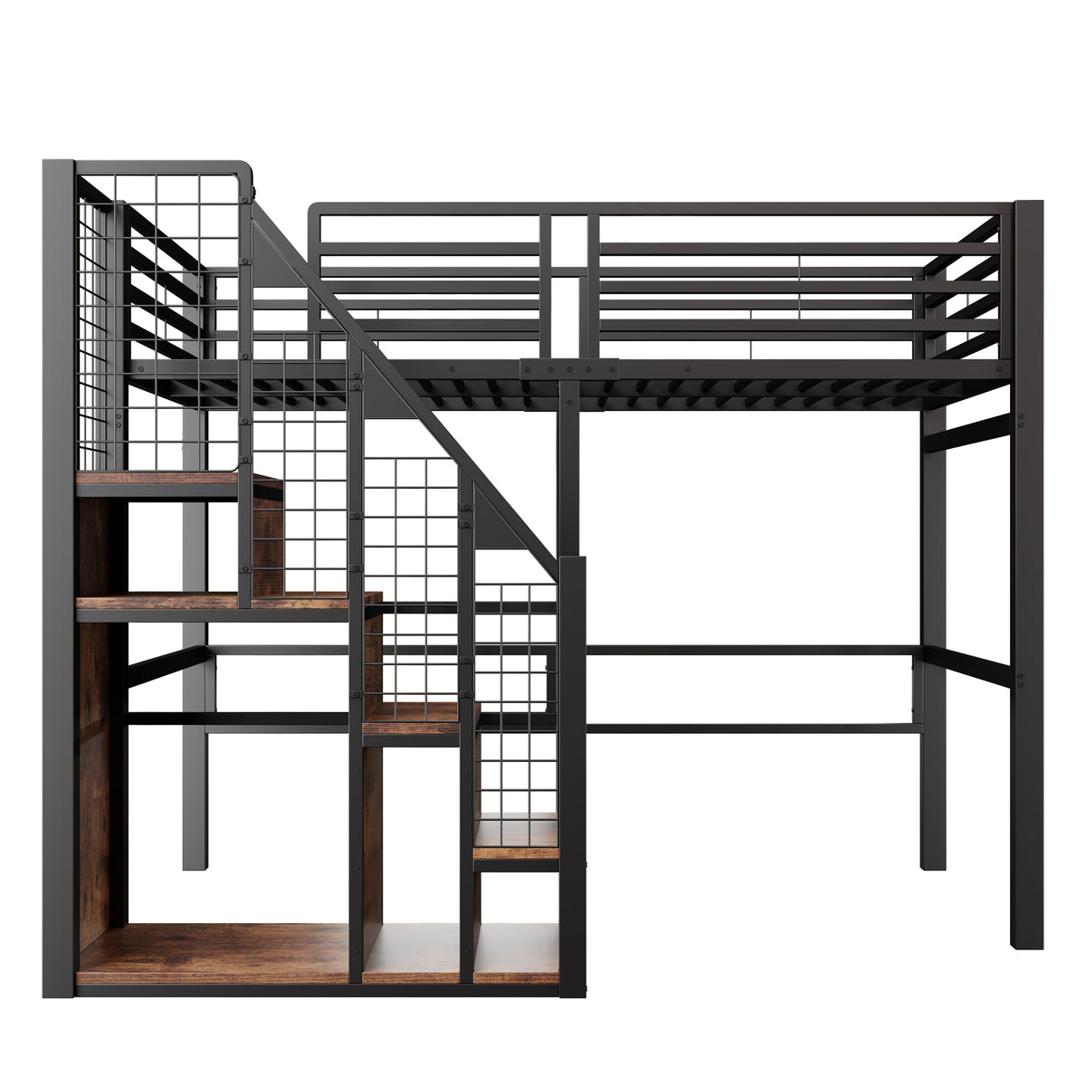 Bunk Bed with Safety Ladder 90x200 & Storage, Black Iron Frame