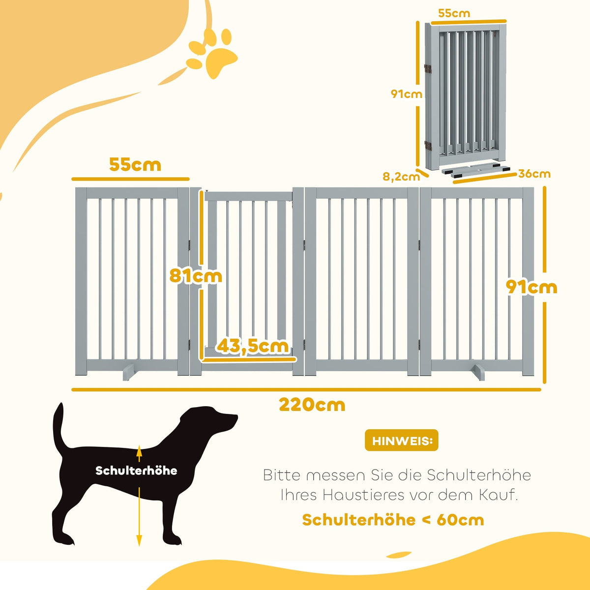 Dog Safety Gate 4-Piece Foldable Door Freestanding Wood Light Gray