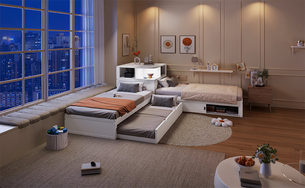 90x200 L-Shaped Platform Bed with Trundle & Storage, White