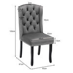 Velvet Dining Chairs Set of 6 | Oak Legs Chrome Knocker Nailhead Trim - Grey