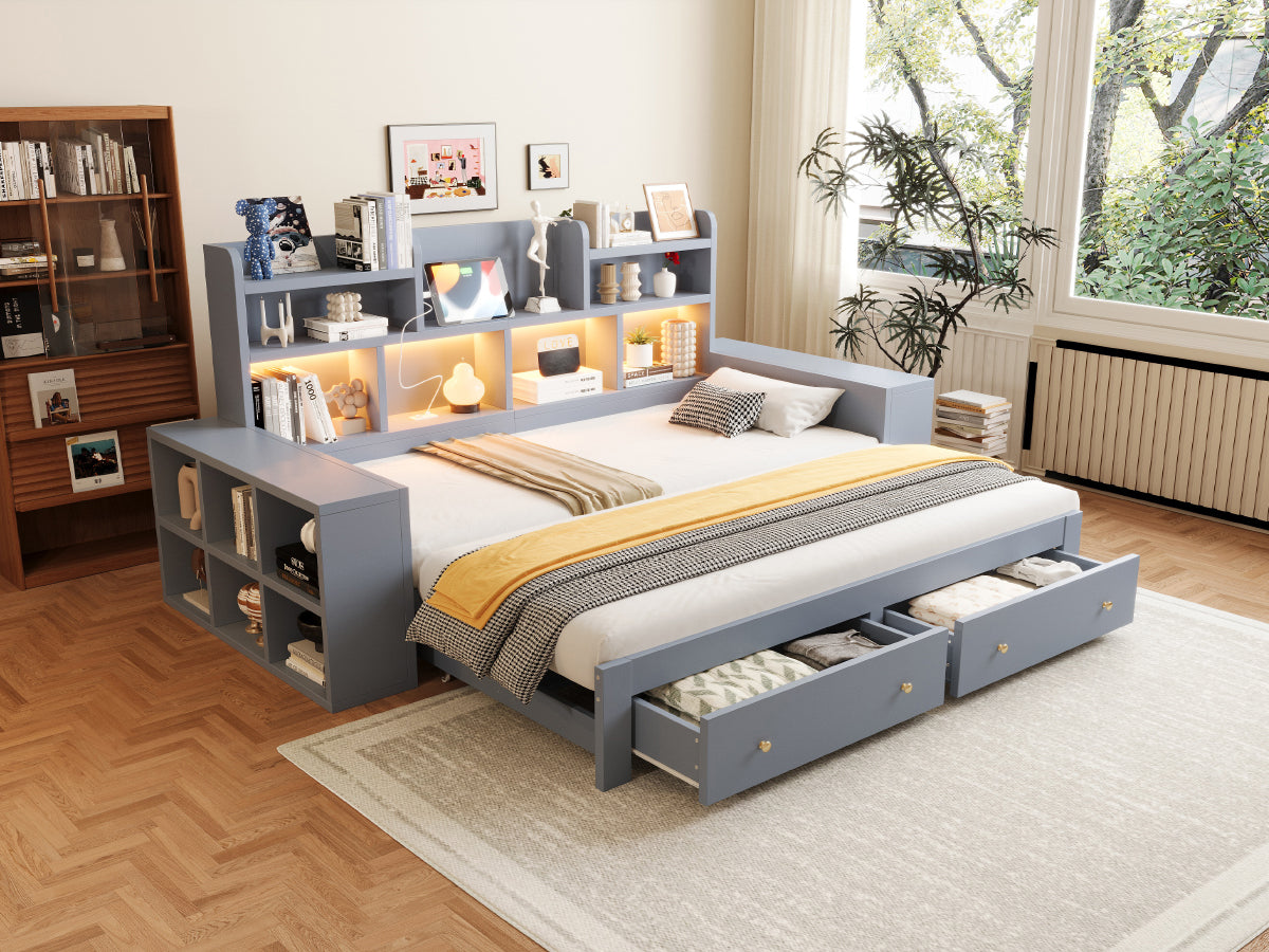 Extendable Sofa Bed 90/180x200cm with Storage & LED, Grey Wood