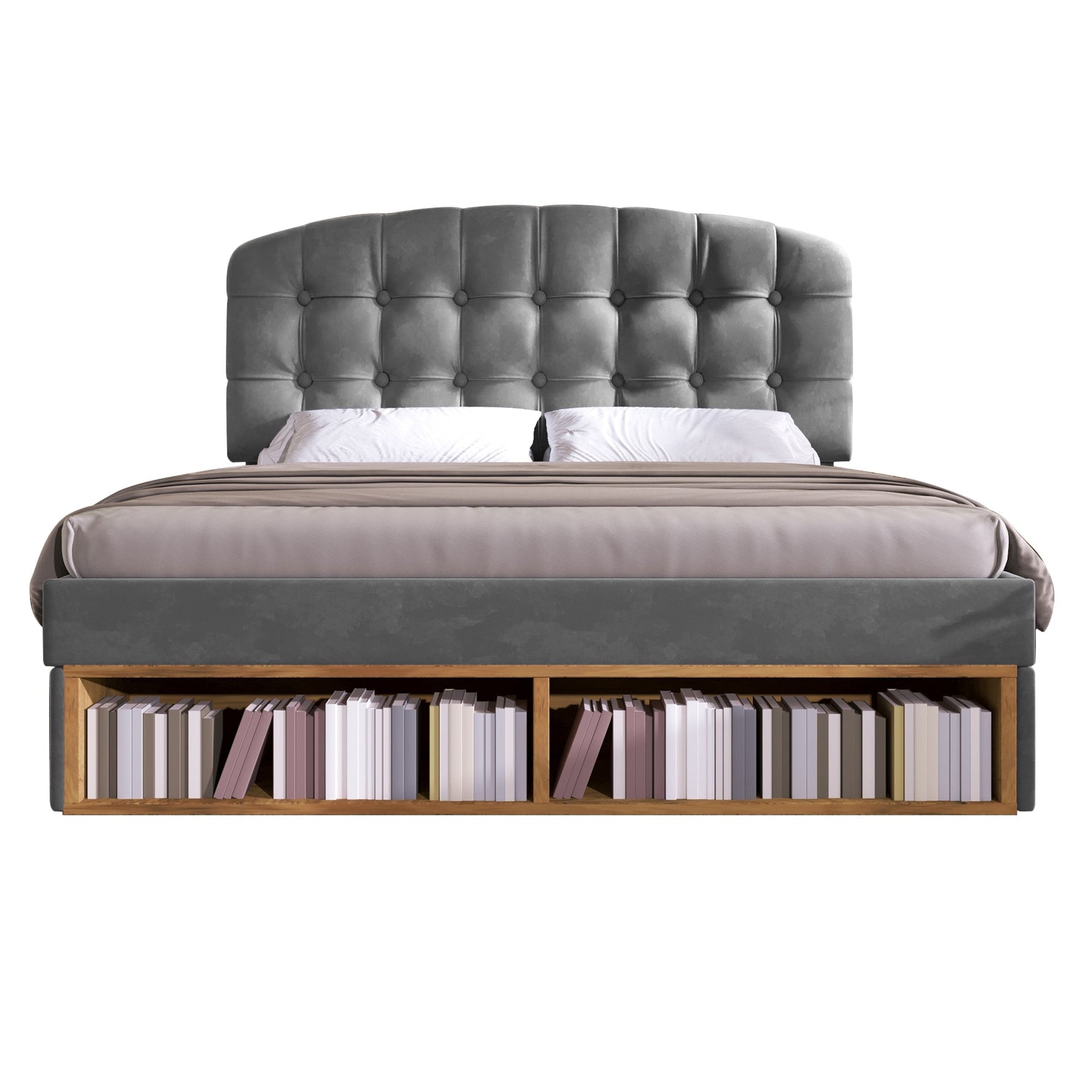 Upholstered Double Bed with Drawers, Storage and Adjustable Headboard, 140x190cm, Grey Velvet