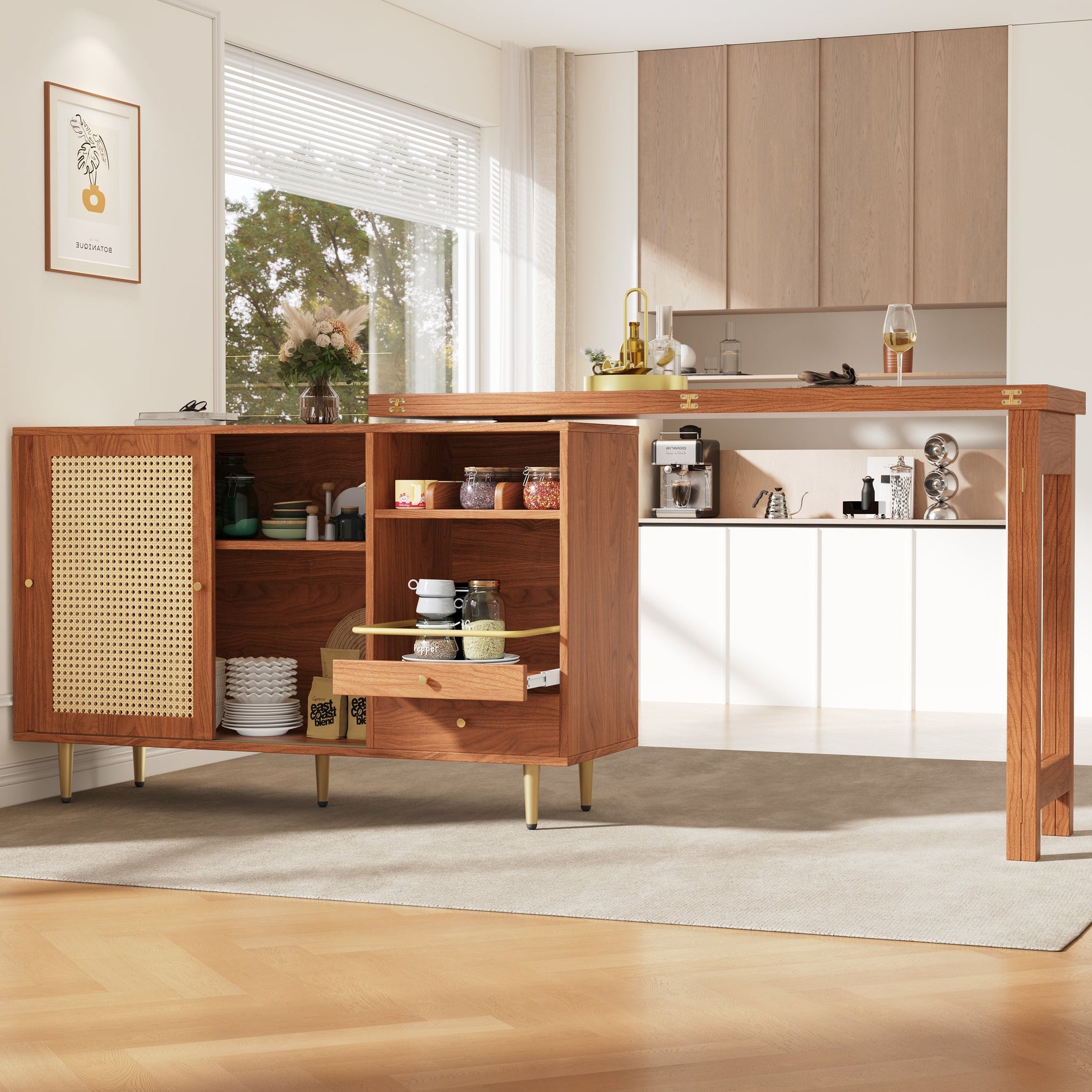 360° Rotating Bar Table Extendable Storage Rattan Door Brown
