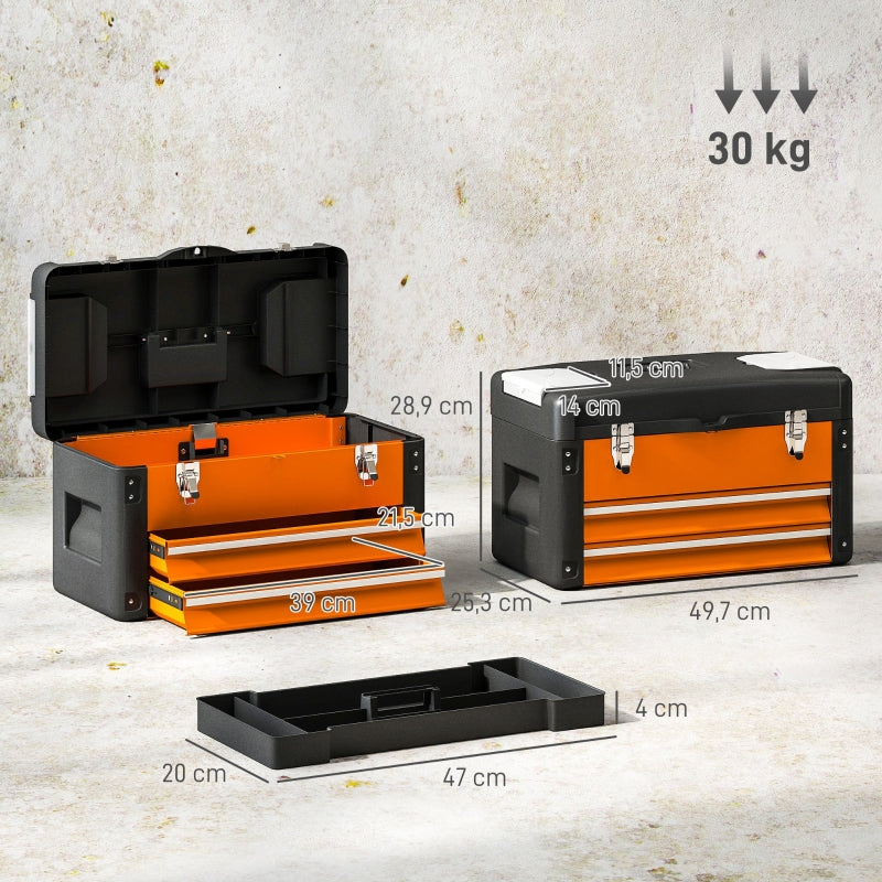 Empty Tool Box, Drawer, Top Storage, Handle, Steel, Orange