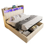 Upholstered Bed 160x200cm LED/USB, Storage, Hydraulic Lift, Beige Linen Fabric