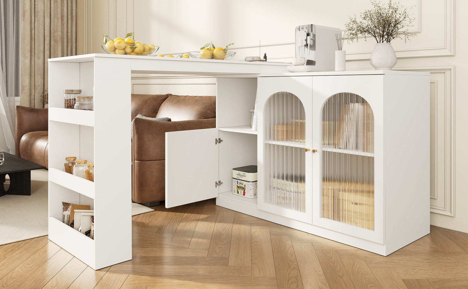 Bar Table, 360° Rotating Dining Cabinet with Glass Door, White