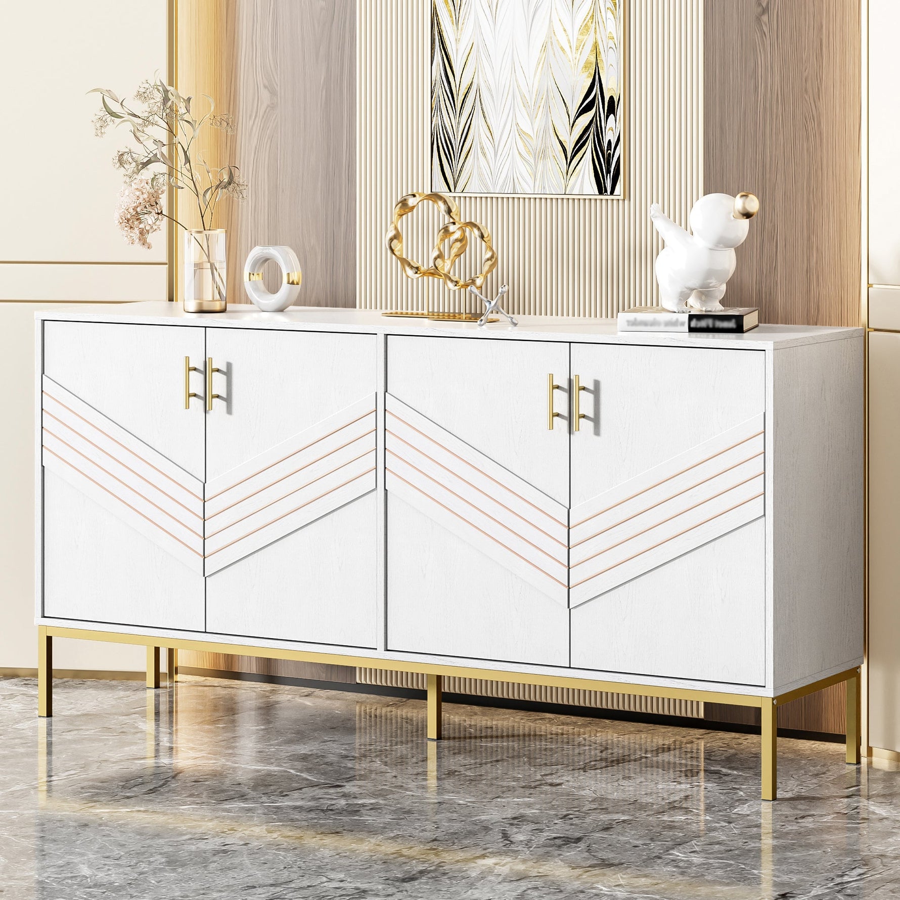 Sideboard, 4 Doors, Large Capacity, Height-Adjustable, White & Gold MDF