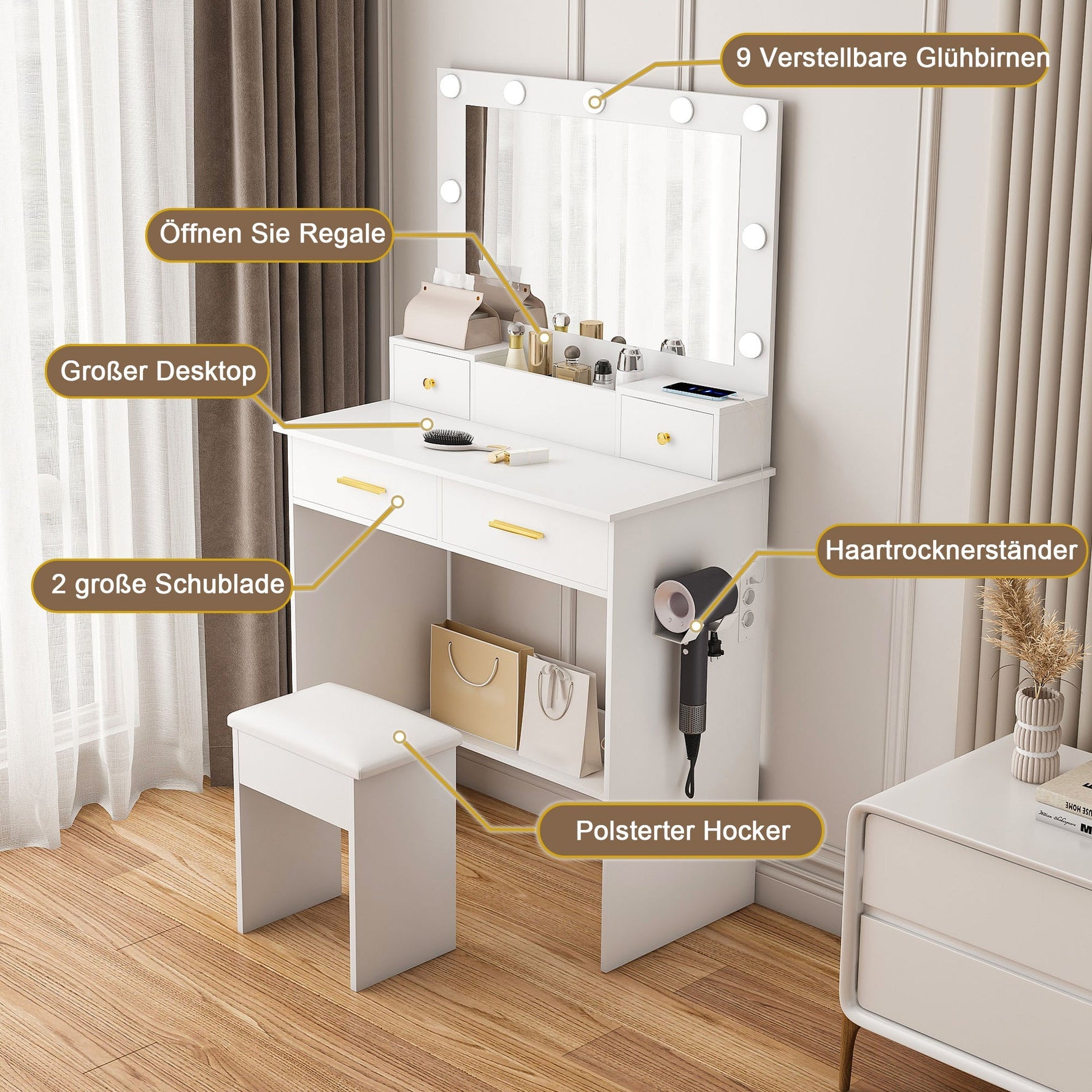 Dressing Table with LED Light, Power Outlet, 4 Drawers & Stool, White