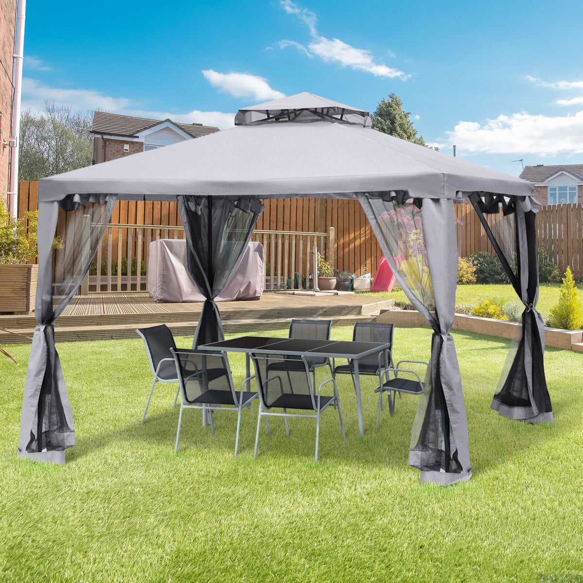 Garden Pavilion Party Tent 3x3m 4 Side Walls Weatherproof Metal/Polyester Light Grey