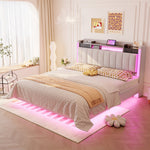 Upholstered Bed 140*200, LED, USB, Storage Headboard, Floating Design, Linen Beige