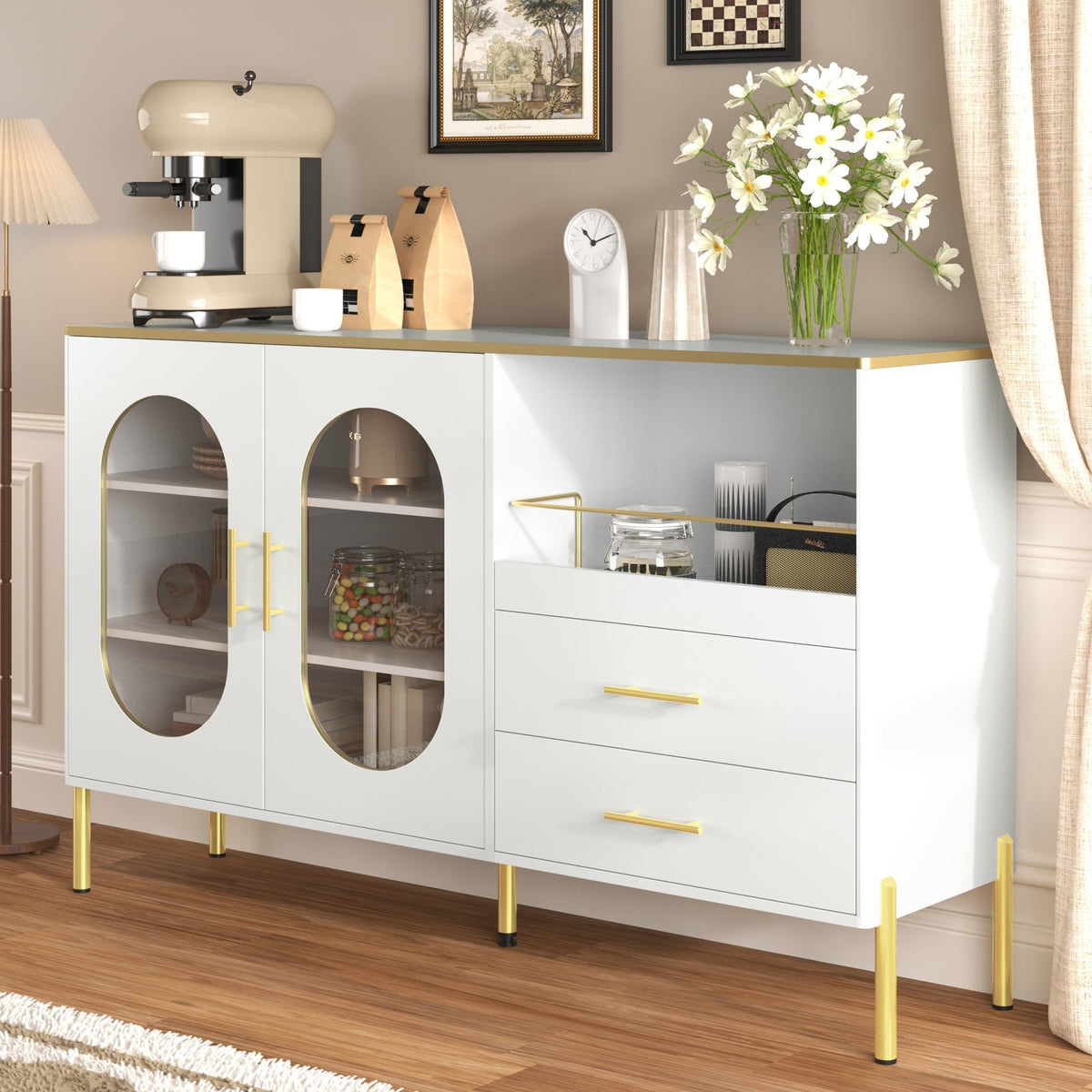 Sideboard Cabinet, 2 Drawers 2 Glass Doors Modern, White Gold Accents