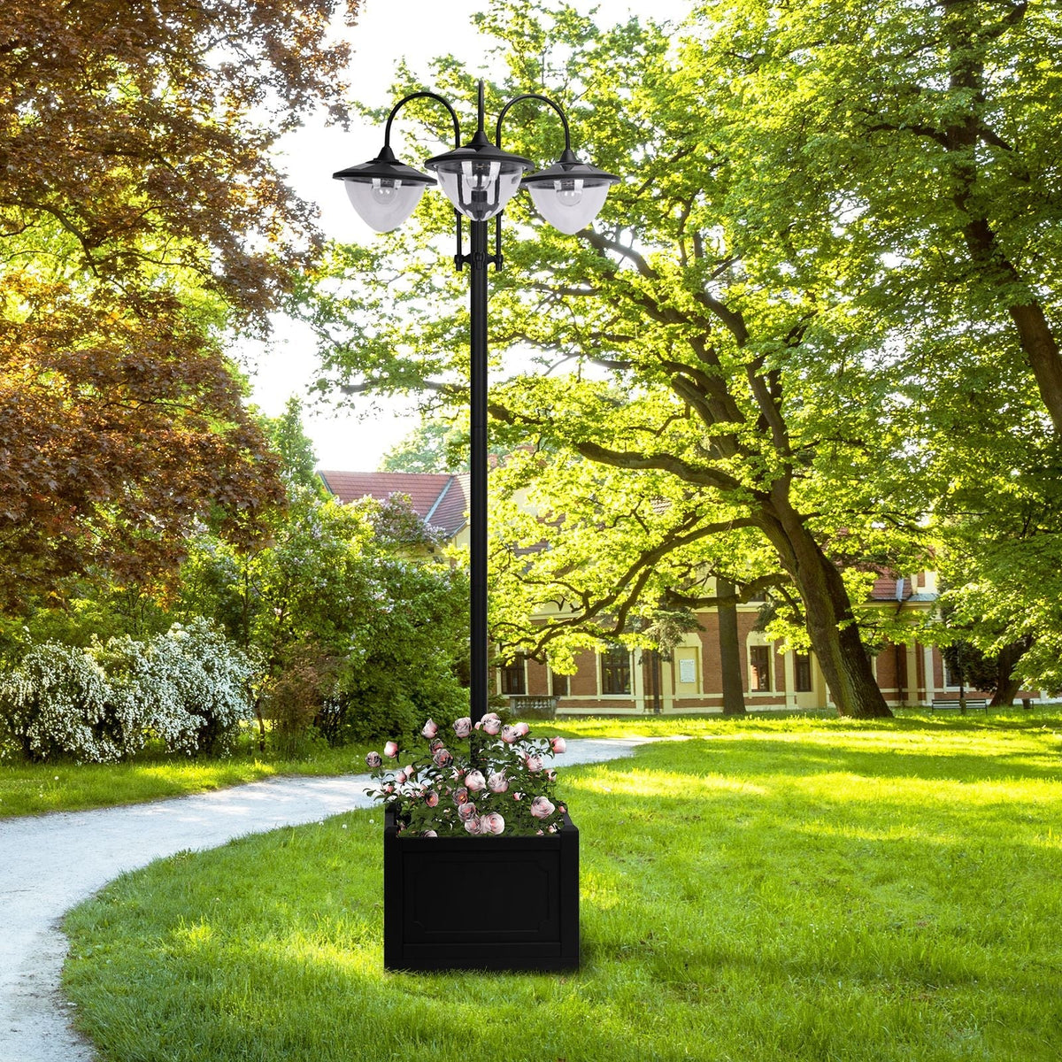 Solar Lantern 3-Piece Set, Floor Lamp Waterproof IP44 Flower Pot Base, Metal Black