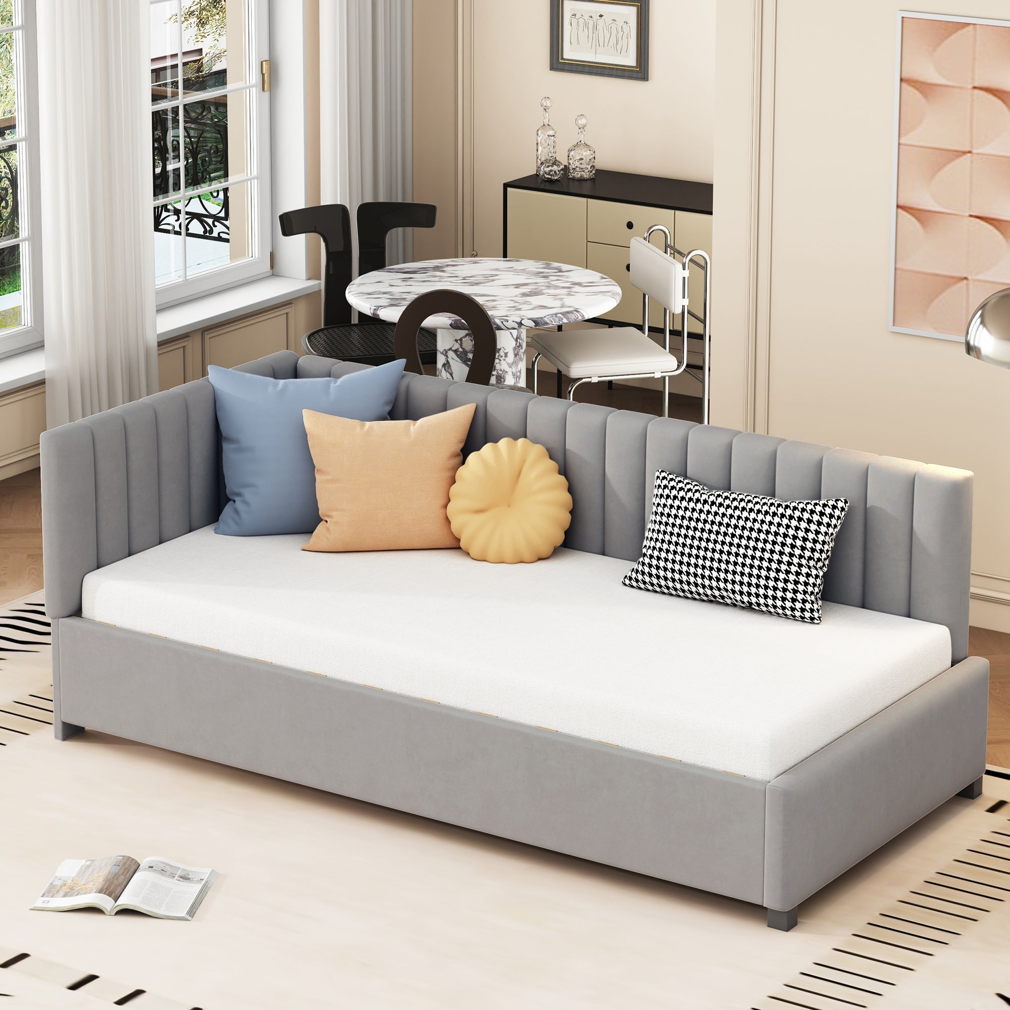 Upholstered Bed Sofa, 90x200 Multifunctional with Slatted Frame, Skin-Friendly Velvet Fabric Gray