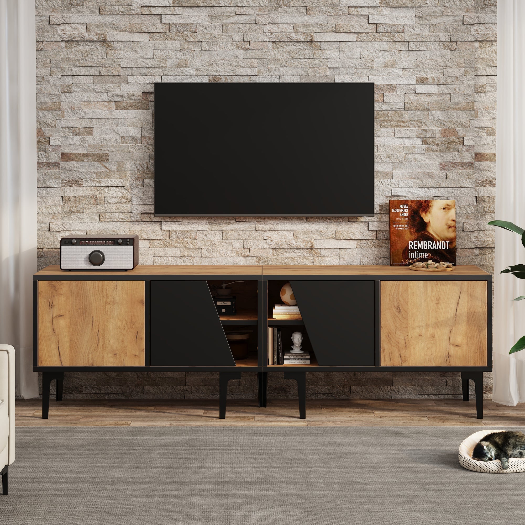TV Cabinet Lowboard 160cm 4 Compartments Minimalist for 65 Inch TV - Natural Wood Color
