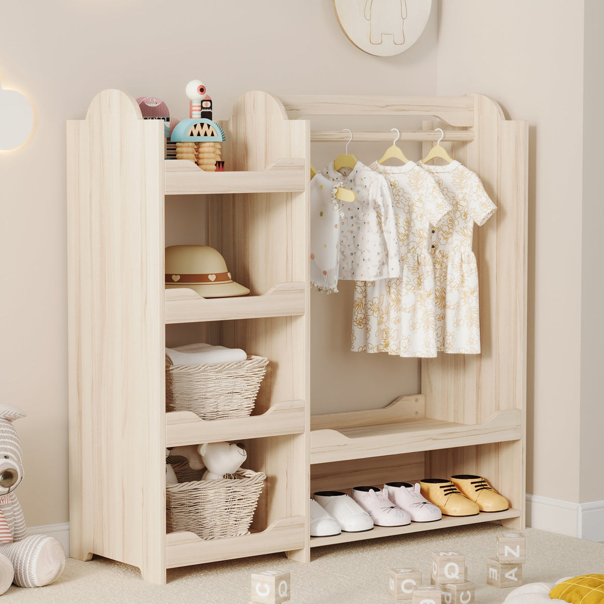 Children's Wardrobe Freestanding with Clothes Rail & 4 Shelves, Natural Wood